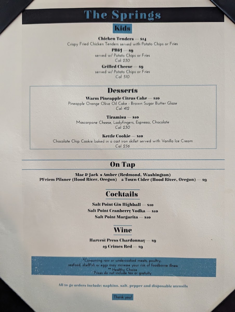 The Springs Restaurant at Sol Duc Hot Springs Menu 1