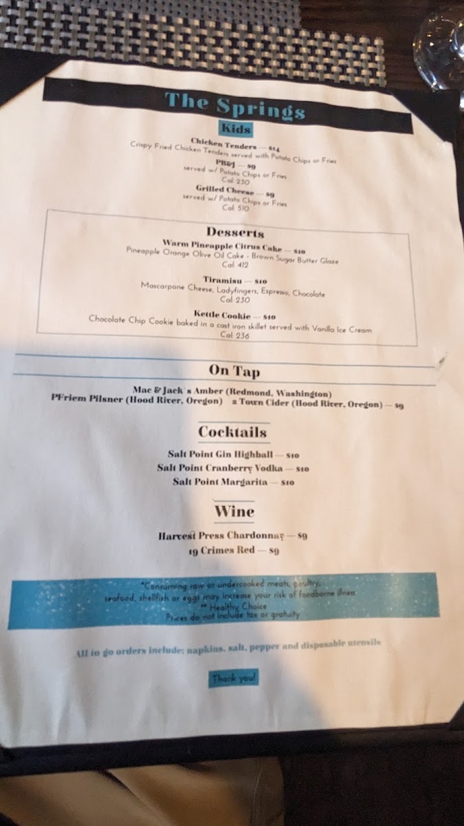 The Springs Restaurant at Sol Duc Hot Springs Menu 5